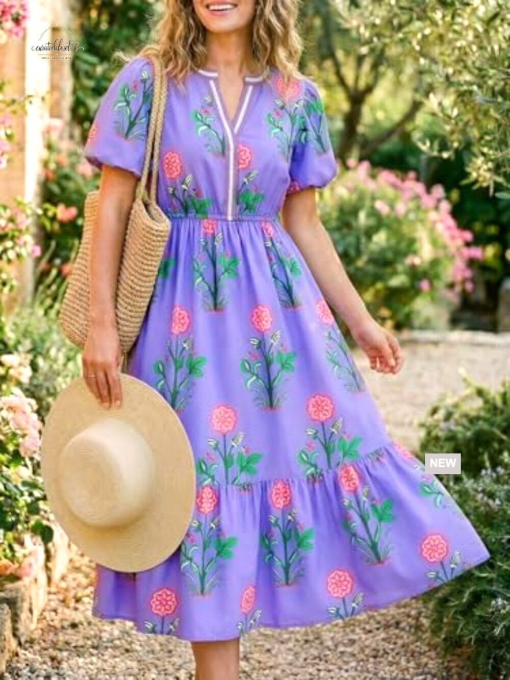 Summer Floral Maxi Dress A-Line Puff Sleeve V-Neck Boho Beach Vacation - Picture 5 of 7